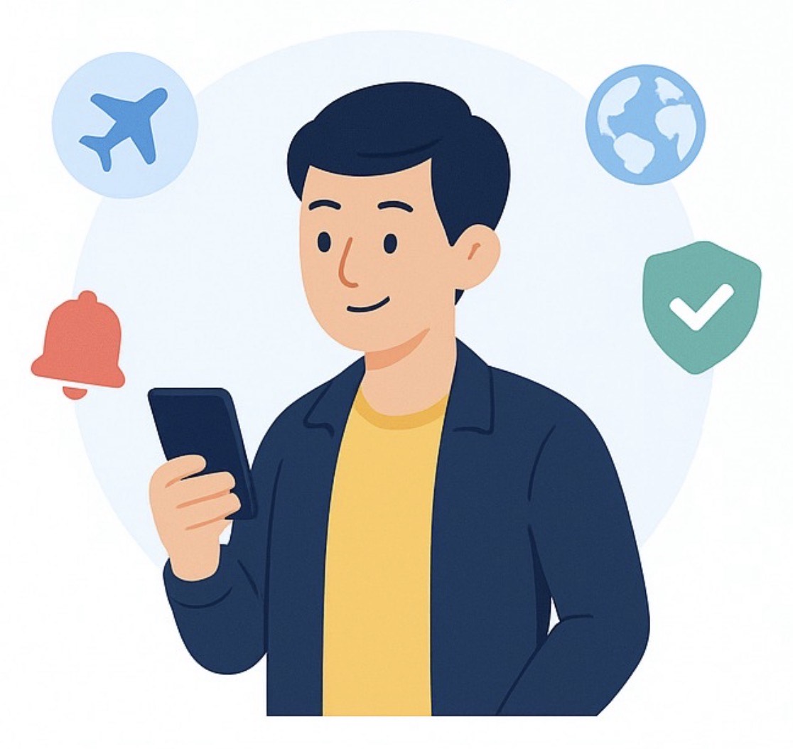An illustration of a person using a smartphone with travel icons in the background.